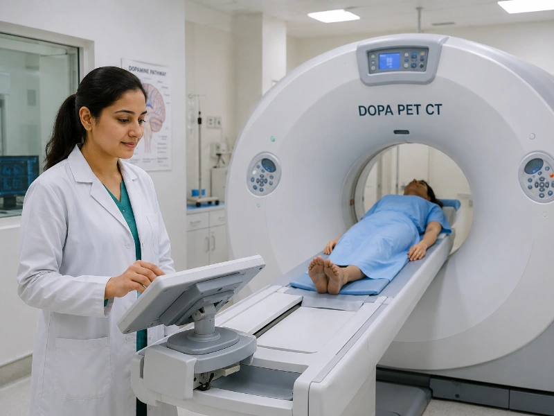 Advanced DOPA PET CT scan system performing high-precision neuroendocrine and neurological evaluation